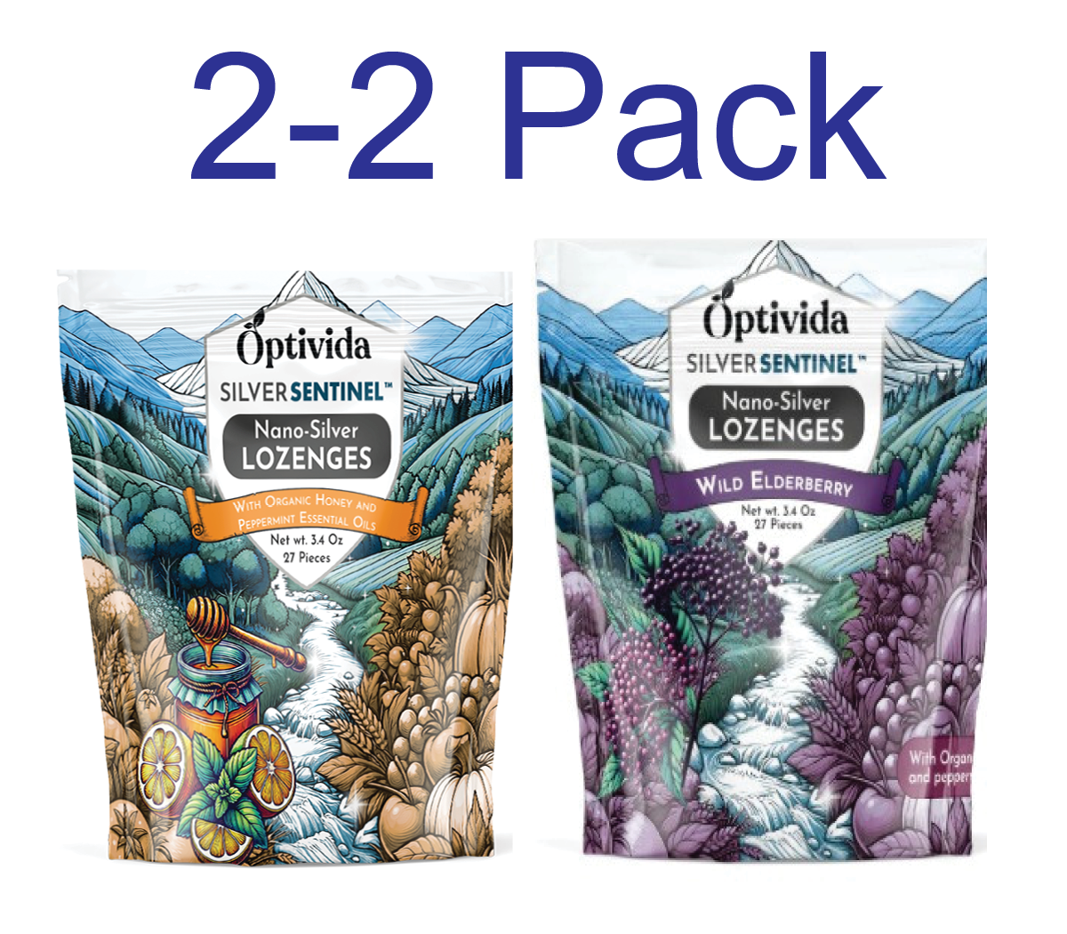 Optivida Nano Silver Lozenges Variety Pack: 2 boxes Wild Elderberry and 2 boxes Honey Peppermint