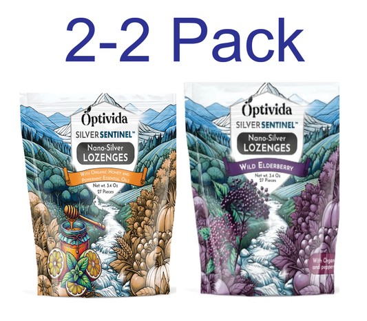 Optivida Nano Silver Lozenges Variety Pack: 2 boxes Wild Elderberry and 2 boxes Honey Peppermint