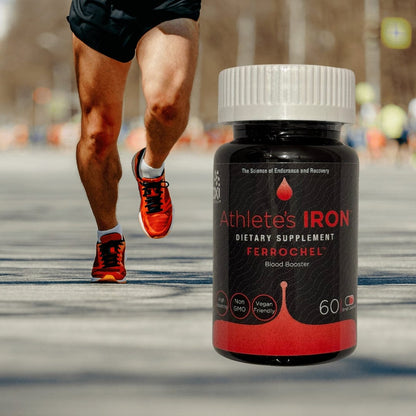 Athlete's Iron bottle with a runner in the background