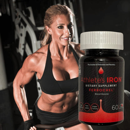 Athlete's Iron bottle next to a female athlete