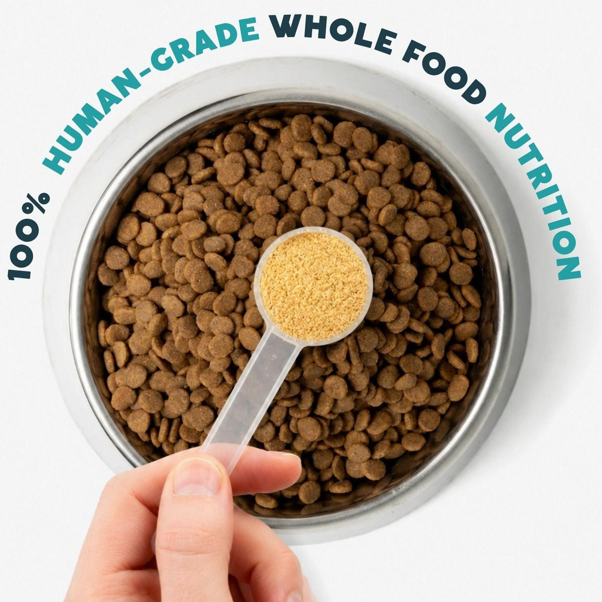 A scoop of Dazywood topper over a bowl of kibble
