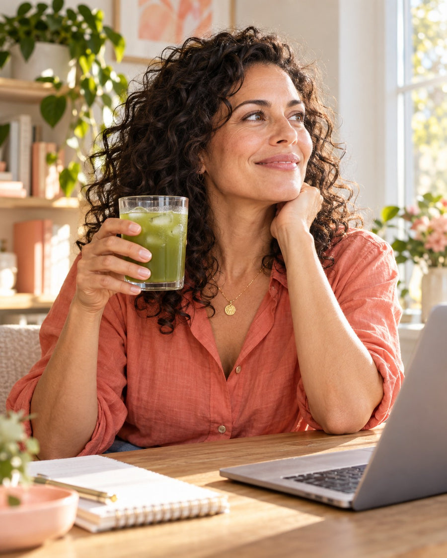 Woman taking an afternoon desk break with a glass of Optivida Complete Essentials
