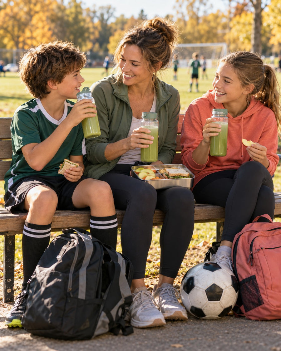 Mom and kids enjoying Optivida Complete Essentials drinks after soccer practice