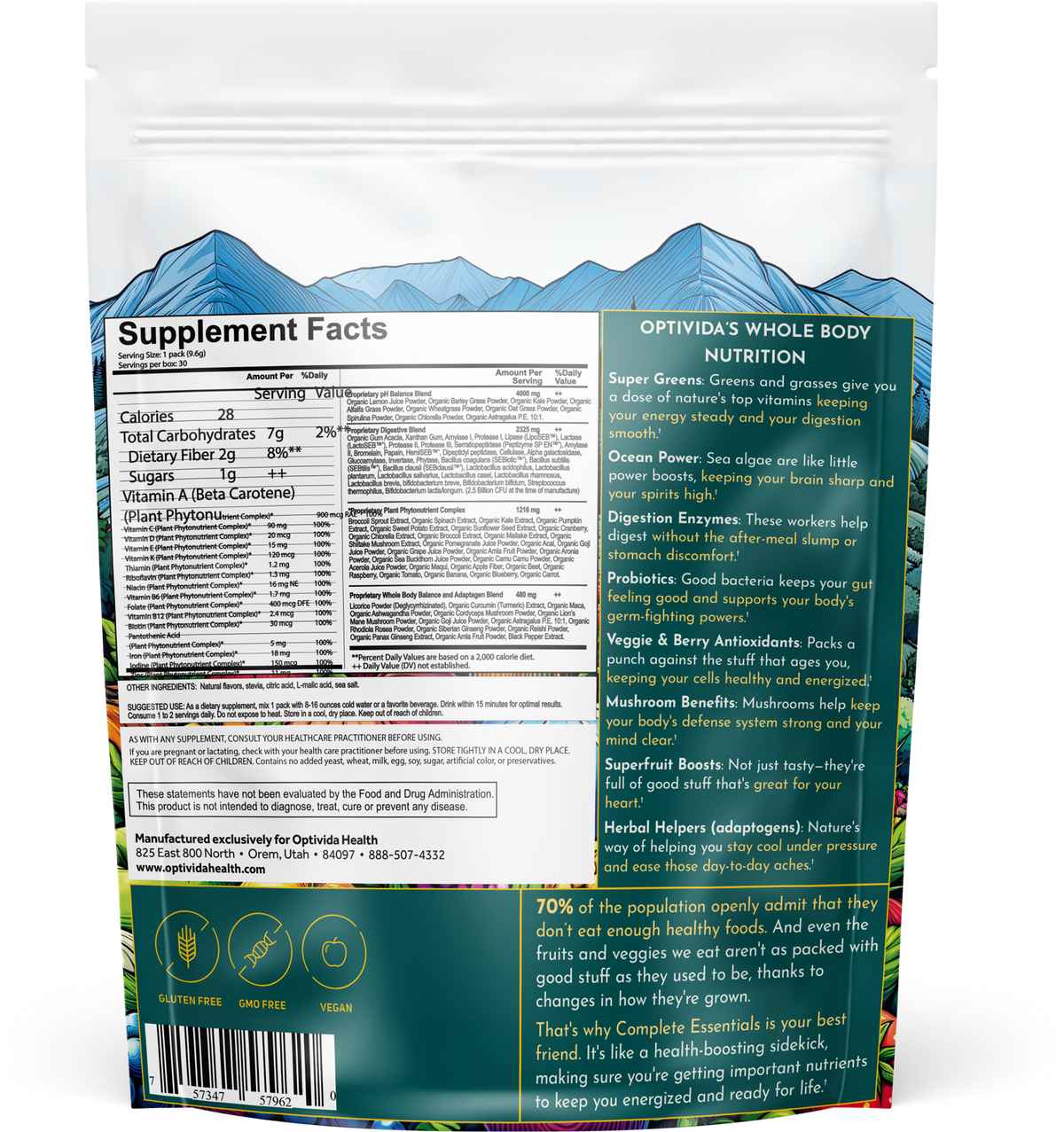 Back of the Optivida Complete Essentials pouch showing the Supplement Facts panel and ingredients
