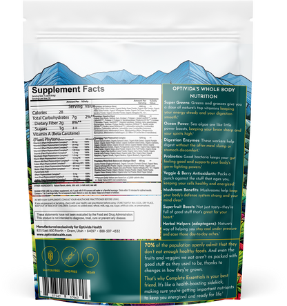 Back of the Optivida Complete Essentials pouch showing the Supplement Facts panel and ingredients