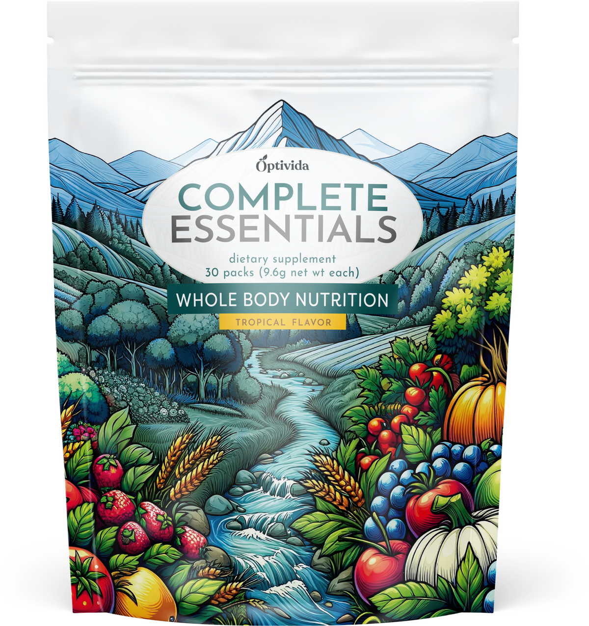 Optivida Complete Essentials whole-food multivitamin pouch, 30 packets, tropical flavor