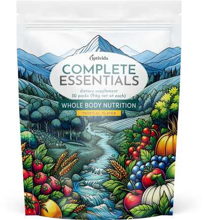 Optivida Complete Essentials whole-food multivitamin pouch, 30 packets, tropical flavor